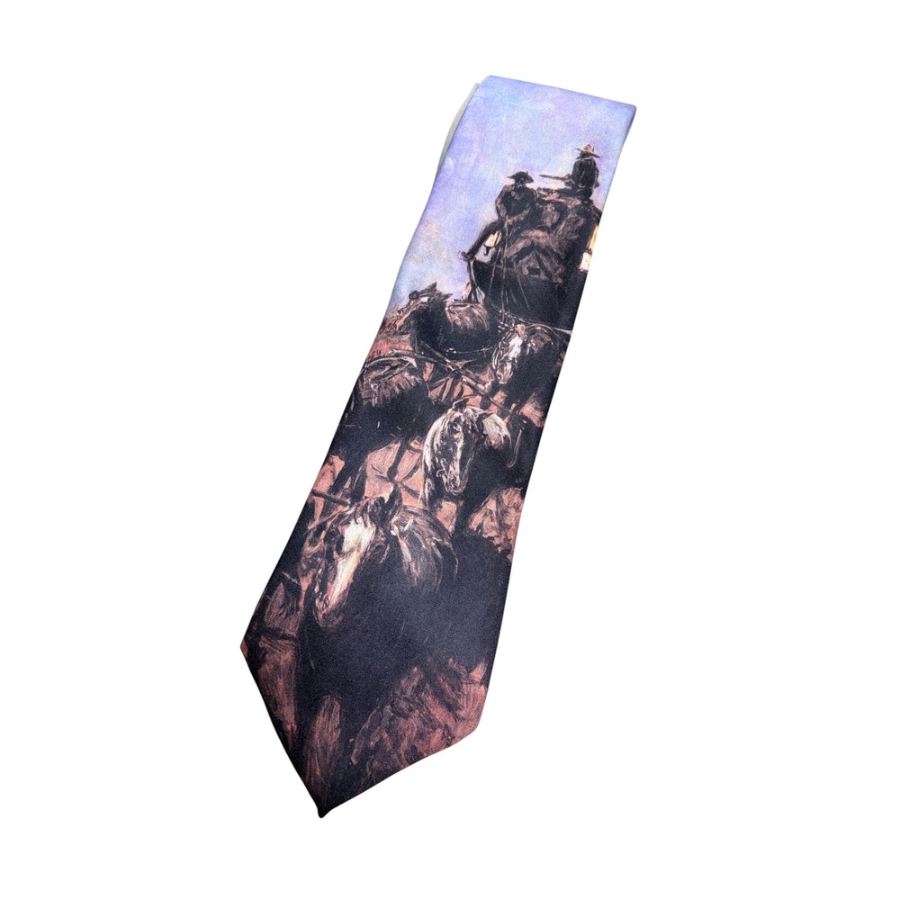 Vintage Ralph Marlin Old Stage Coach Frederic Remington Western Art Tie 1989